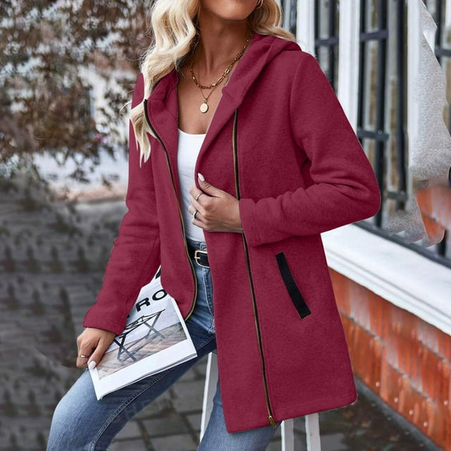 Sudadera con capucha y manga larga para mujer, informal, de color liso, con bolsillo y cremallera, abrigo