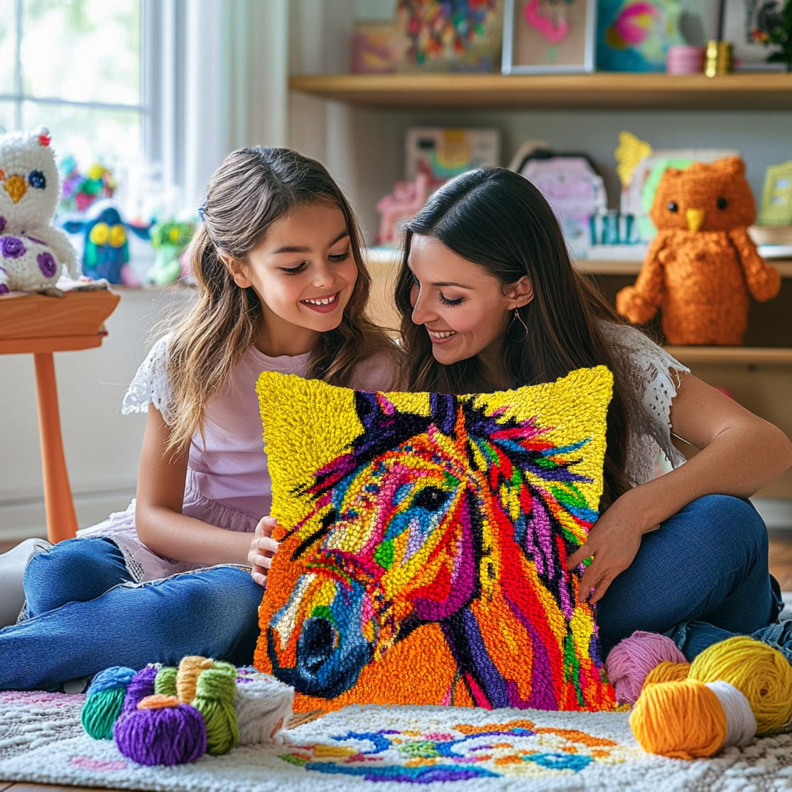 Colorful War Horse DIY Latch Hook Pillow Kits for Adults Printed Pillowcase Crochet Yarns Hooking Handmade Pillow Cover Cushion for Home Sofa Decoration 17x17inch