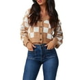 thumbnail image 1 of RWJDXD Womens Plaid V Neck Crop Cardigan Sweaters Button Down Long Sleeve Cable Knit Tops Checkerboard Sweaters loose, 1 of 5