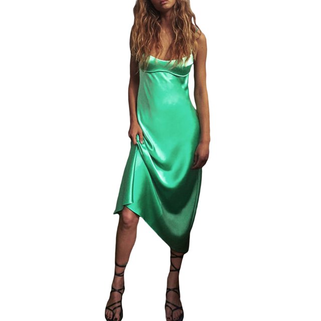 Las mujeres de satén Espagueti Correa Vestidos Largos, Verano Casual sin mangas Cocktail Vestido de noche
