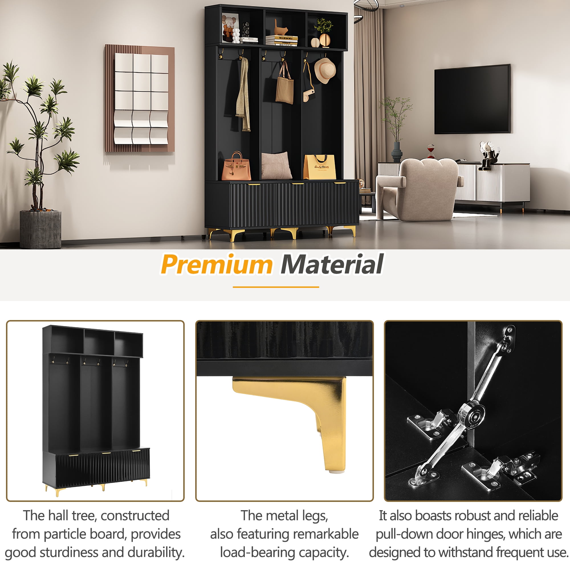 MAYEERTY Large Storage Hall Tree: Bench, Fluted Doors, 6 Gold Hooks, for Entryway, Living Room, White