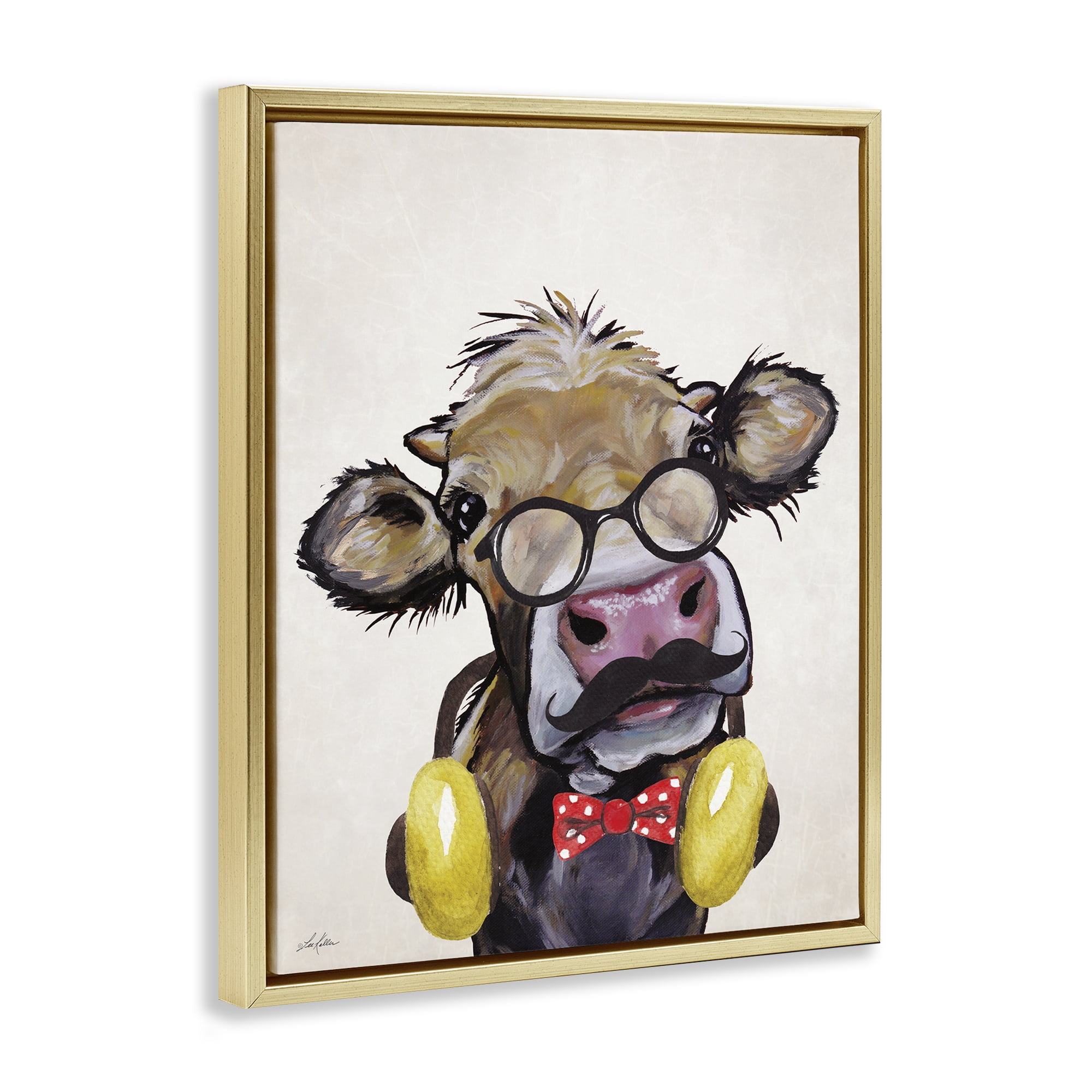 Stupell Industries Hipster Cow & Headphones Animals & Insects Painting Gold Floater Framed Canvas Art Print Wall Art, 17 x 21