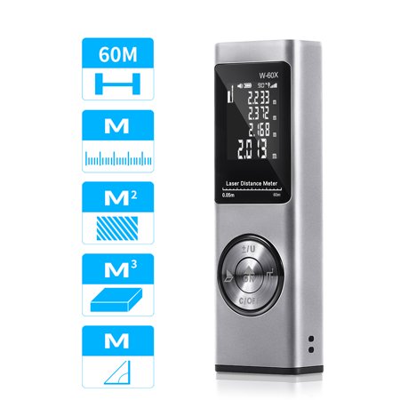 196ft/60m Hand-held Laser Distance Meter Laser Range Finder Laser Measure Meter with Electronic Angle Sensor, Silver