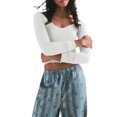 thumbnail image 3 of Lucakuins Suéter de punto para mujer, manga larga, cuello en U, color sólido, dobladillo con volantes, camisa informal para fiestas, tops de calle Lucakuins moda, 3 of 8
