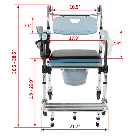 BMTBUY 4 in 1 Multifunctional Aluminum Elder People Disabled People Pregnant Women Commode Chair Bath Chair Light Blue