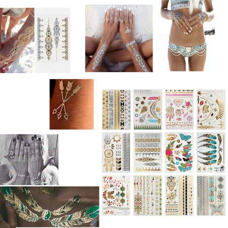 Bullseye Tattoo Designs - ESYNIC 12 Sheets Temporary Metallic Flash Tattoos Armbands Necklace Designs Women Temporary Tattoo Sleeves Body Art Arm for pool,beach dinner dress music festival party concerts bachelorette parties