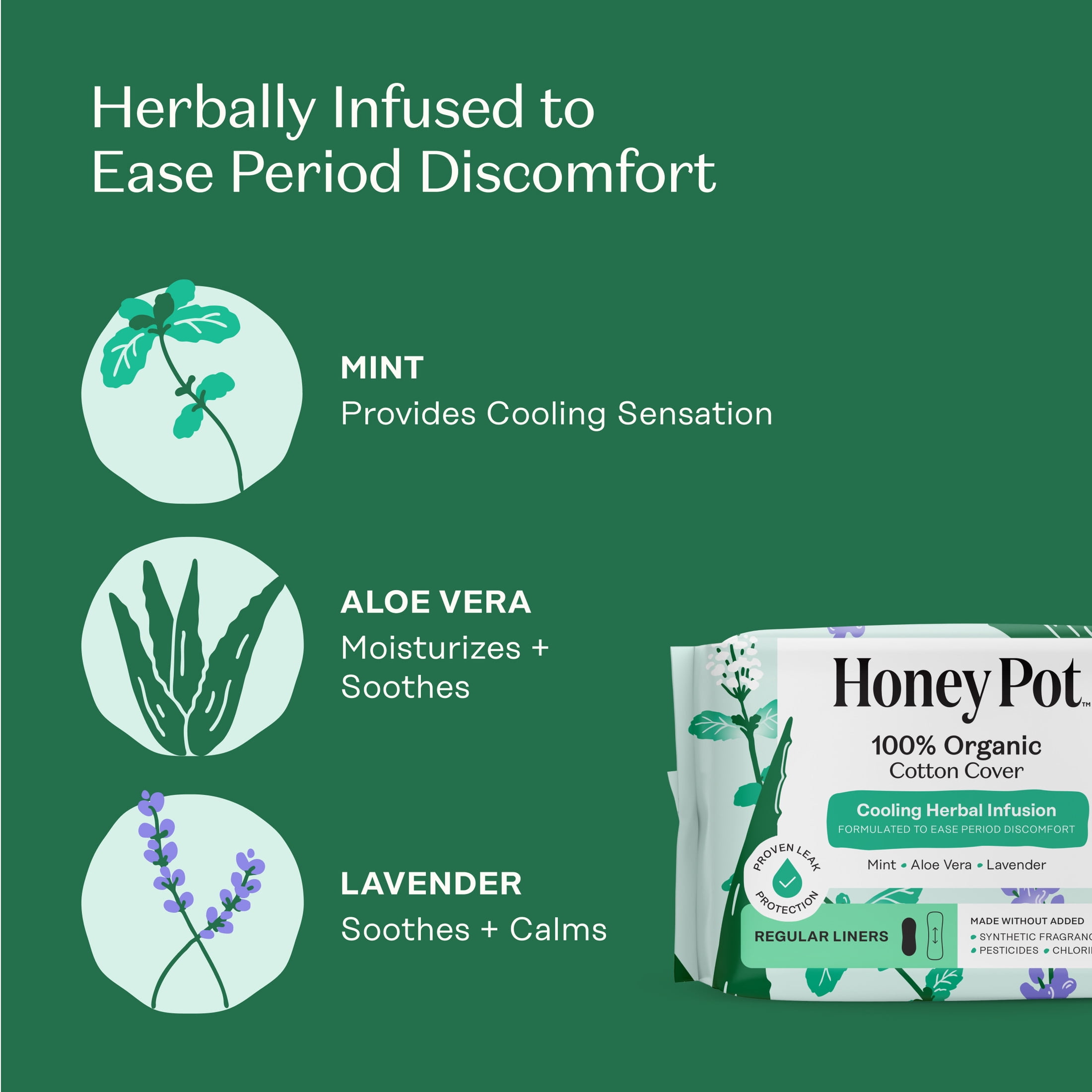 Honey Pot 100% Organic Cotton Cover Cooling Herbal Infusion Long Liners, 30 Count