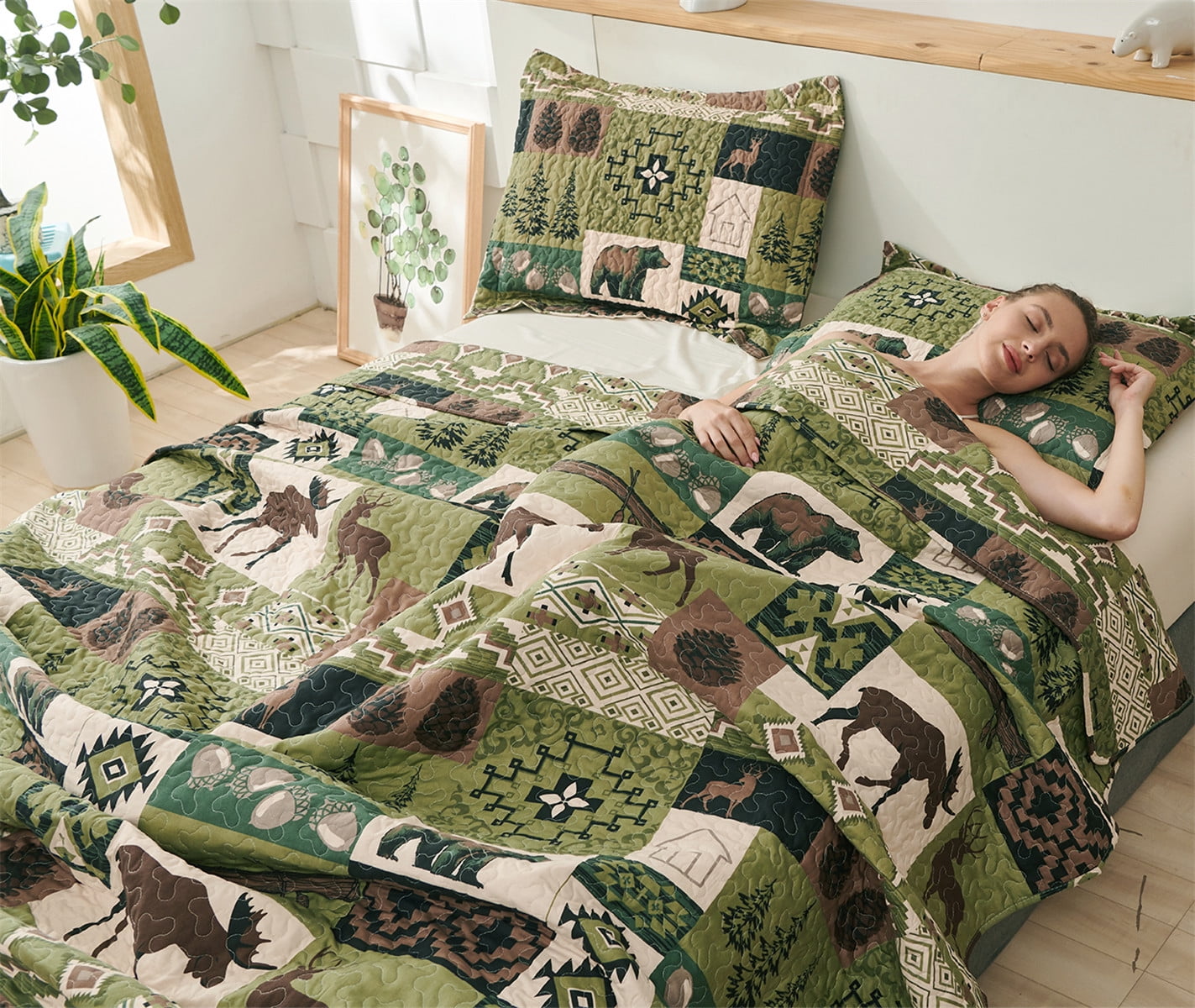 Beartech Quilt Set Queen Size Rustic Bedding Green Plaid Quilt Forest Moose Bear Bedding Lodge Cabin Bedspread Coverlet Lightweight Reversible Microfiber Quilt