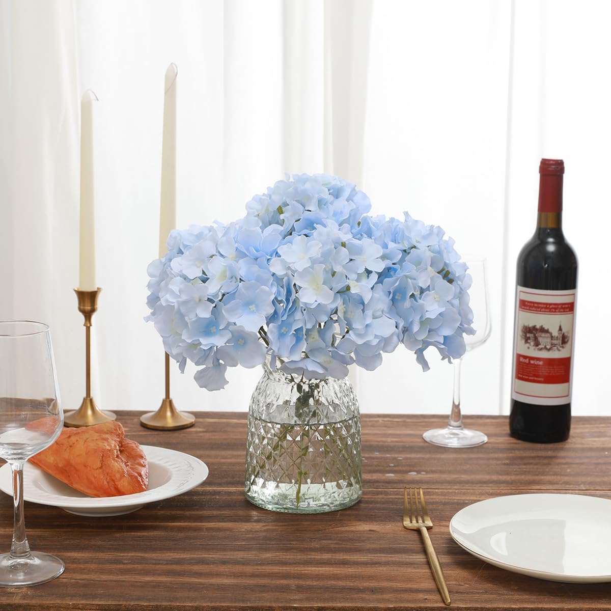 Hydrangea Artificial Flowers with Stems 12pcs Silk Blue Flower Heads for Office Home Party Wedding Centerpiece Decoration Bouquets DIY Floral Decor (Sky Blue)