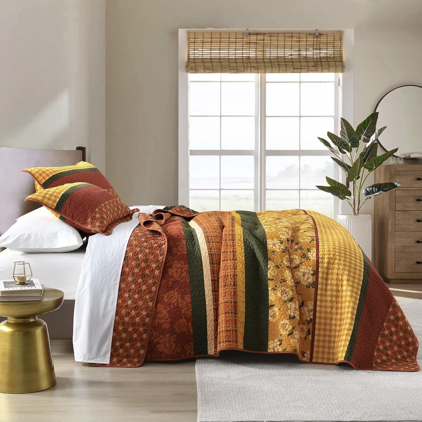 DDUOXIN Bohemian Fall King Quilt - 100% Cotton Floral Brown & Gold & Green Striped King Size Quilt Set, Lightweight Boho Bedspread Autumn Gift 3-Piece Quilt Comforter Set with 2 Pillowsham, 98"x106"