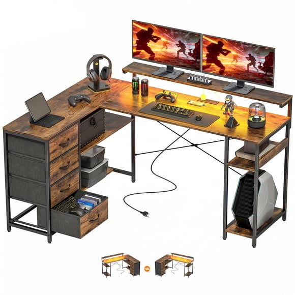 HOMCOM Gaming Desk with LED Lights, Work Desk 61" Rustic Brown