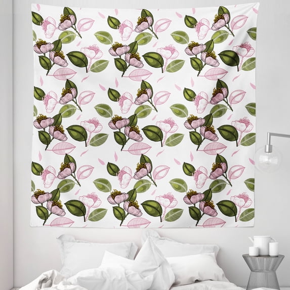 Hawaii Tapestry, Hand Drawn Retro Flowers and Leaves on Plain Background, Fabric Wall Hanging Decor for Bedroom Living Room Dorm, 5 Sizes, Dried Rose Olive Green, by Ambesonne