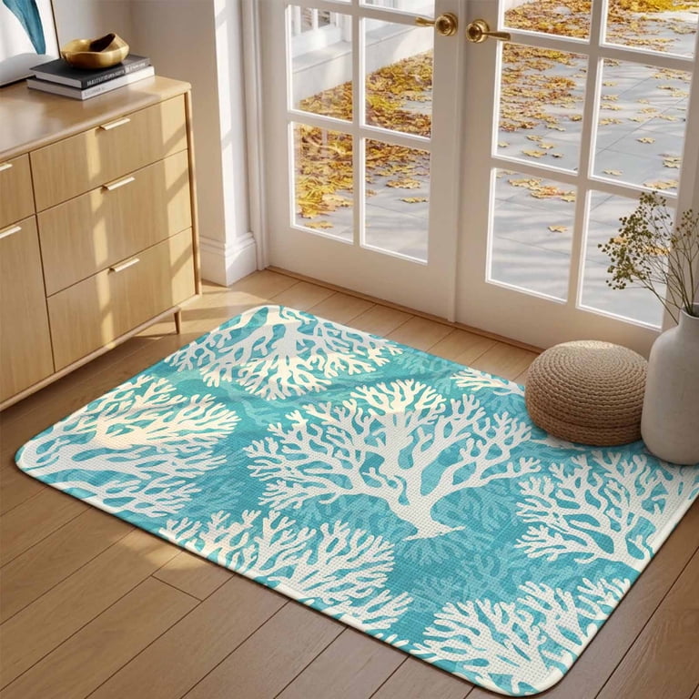 Indoor Door Mat, Aqua Blue Coastal Absorbent Non Slip Washable Rug