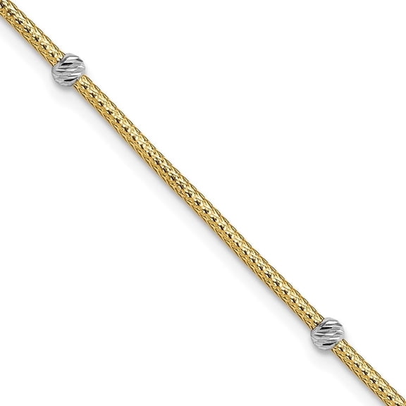 14k Yellow Gold with Rhodium Woven Flexible Diamond-Cut Beads Bracelet for Women 7.25"