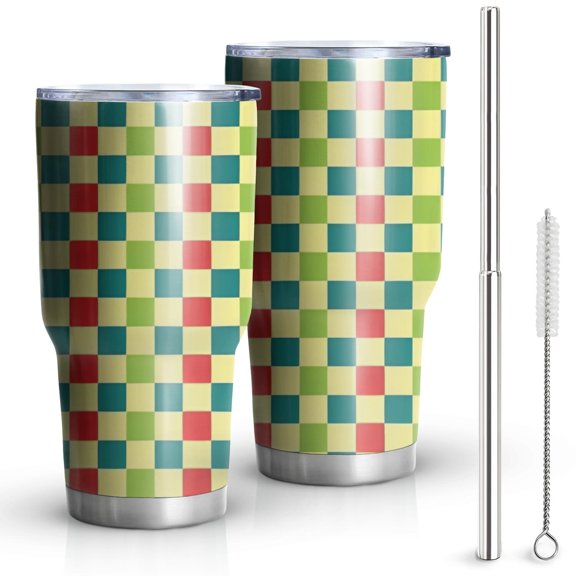 30oz Multi Color Checkerboard Checkered Pattern Tumblers Stainless Steel Tumbler with Lid and Straw,Vacuum Insulated Double Wall Travel Tumbler Cups Mug with Cleaning Brush for Coffee,Tea