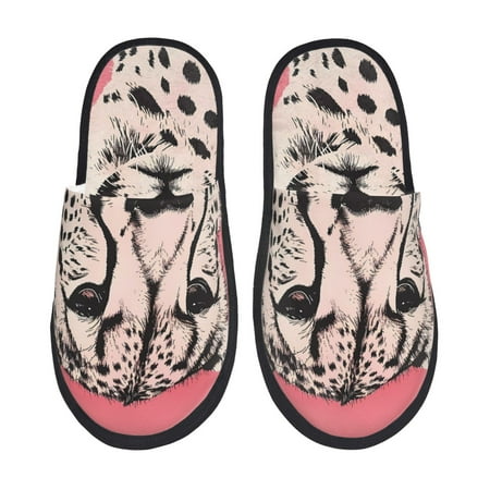 Balery Pink Cheetah Art Slient Indoor Furry Fleece Comfort House Shoes Soft Non-Slip Home Shoes Cotton slippers House Slippers-- Medium