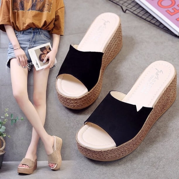 Mujer verano 2022 exterior cuero playa zapatillas plataforma agua cuña talón algodón tela tacones goma breve Toe Slides35 Gao Jinjia LED