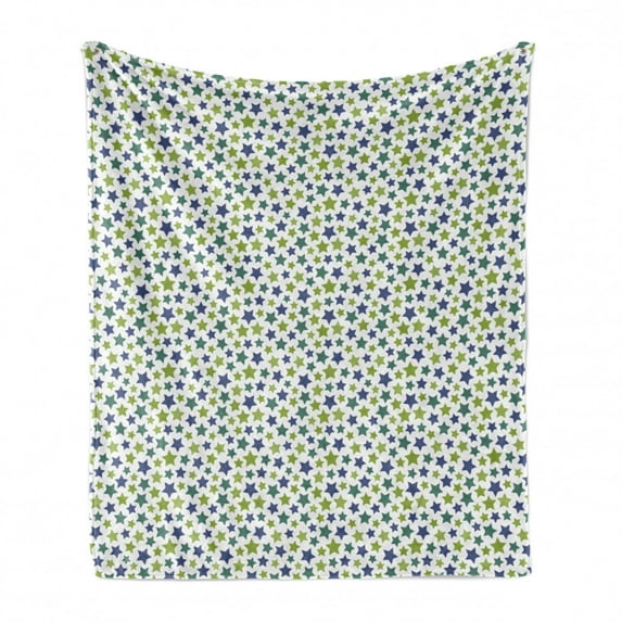 Stars Soft Flannel Fleece Blanket, Continuing Pattern of Ornamental Shapes in Blue and Green Tones Repetition, Cozy Plush for Indoor and Outdoor Use, 60" x 80", White and Multicolor, by Ambesonne