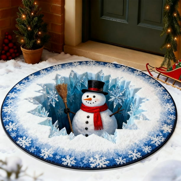 Alfombra Circular Navideña con Efecto Visual Estereoscópico para La Entrada | Diseño Navideño | 60 Cm | Alfombra Multicolor de Poliéster | Alfombrilla Absorbente y Antideslizante
