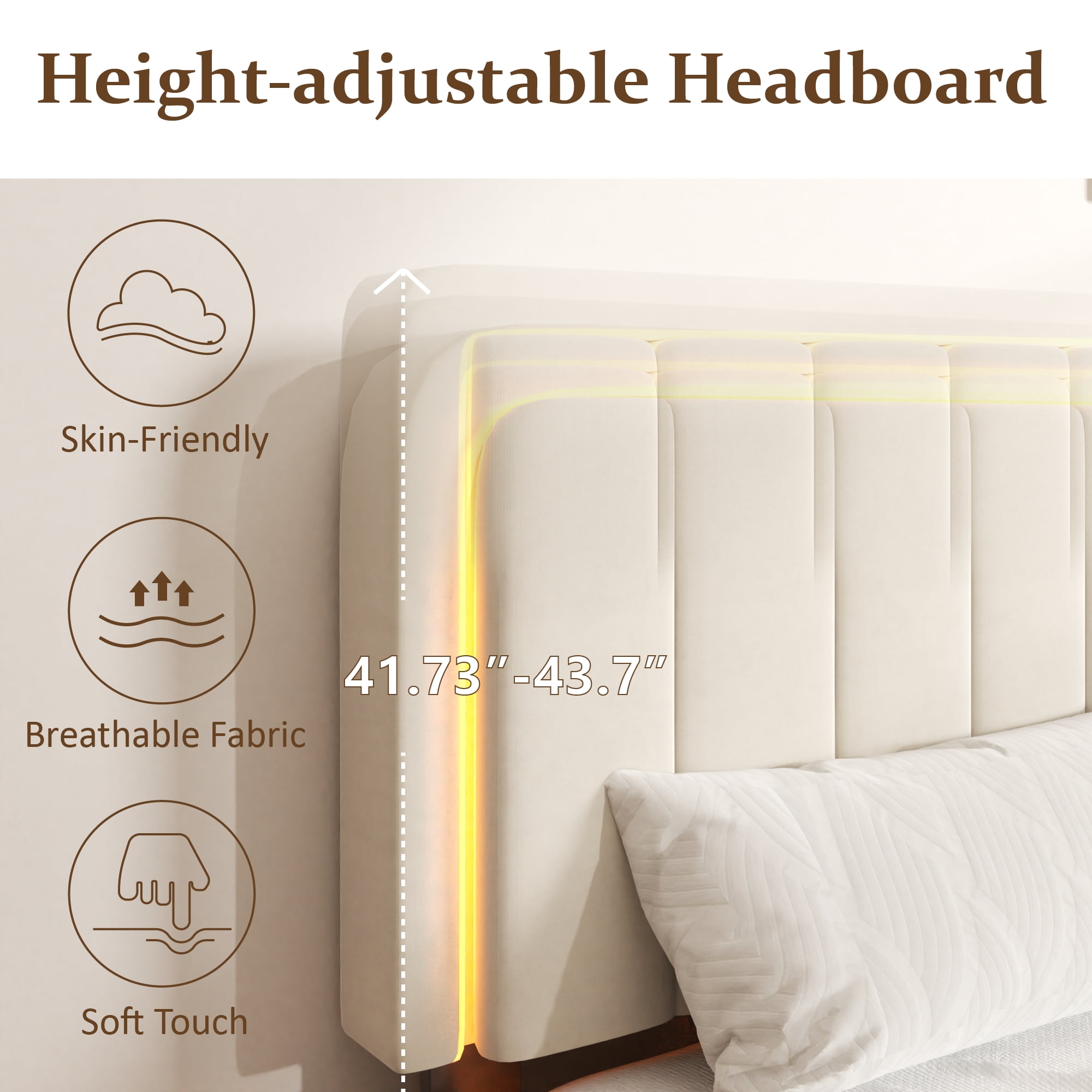 Queen Size Upholstered Bed Frame with Adjustable Headboard, LED Lights, Wooden Slat Support, Velvet Platform Bed, No Box Spring Needed, Easy Assembly, Noise-Free, Beige
