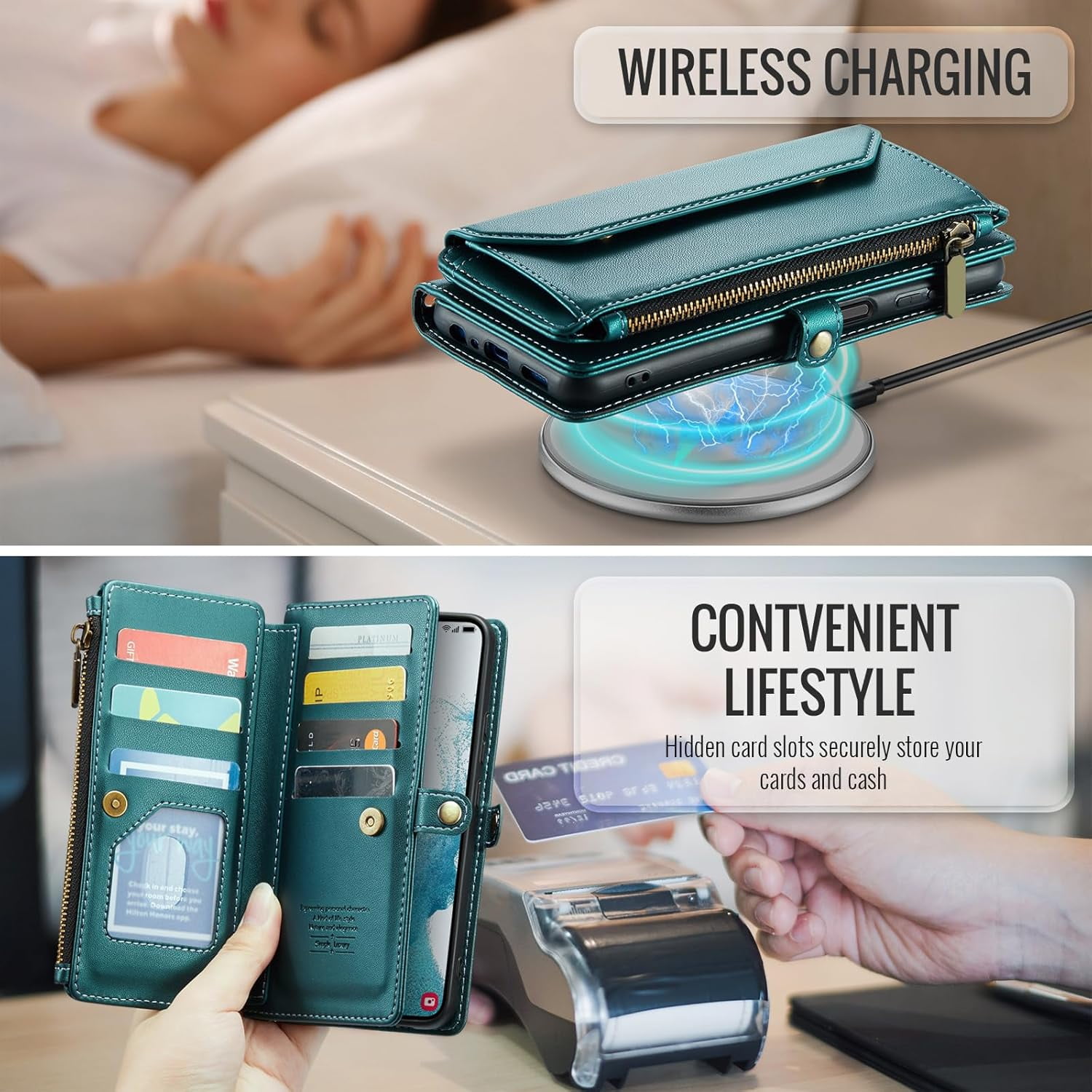 Phone Case for Samsung Galaxy S22 Plus S22+ 5G Zipper Wallet Cover with Tempered Glass Screen Protector and Flip RFID Blocking Card Holder Cell S22+5G S22plus 22S + S 22 22+ Women Girls Green