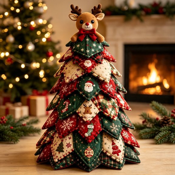 MInHoues DIY Patchwork Quilted Christmas Tree Decoration Kit,Handmade Fabric Tabletop Holiday Decor, Patchwork Craft with Character Topper for Xmas Decor Supplies, Reindeer Saffron