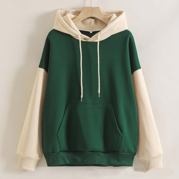 Womens Hooded Sweatshirts Color Block Crew Neck Hoodies Casual Long Sleeve Pullover Tops Trendy 2025 with Pocket