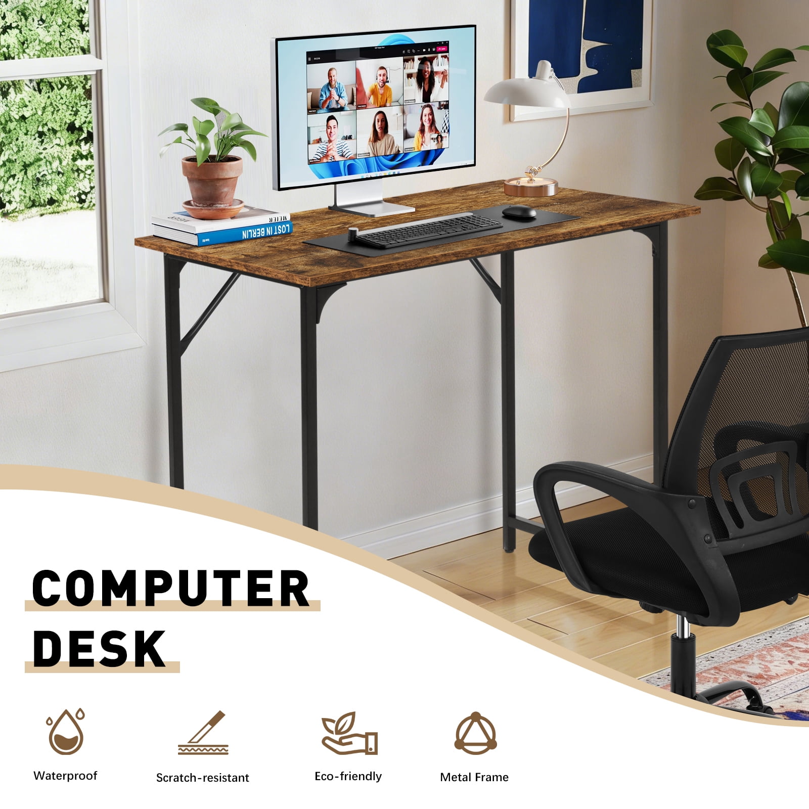 Dkelincs 32 inch Computer Desk and Chair Set Home Office Modern Wood Study Desk & Mesh Ergonomic Height Adjustable Office Chair for Small Spaces, Vintage & Black