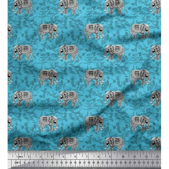 Soimoi Blue Cotton Duck Fabric Leaves & Artistic Elephant Animal Print Sewing Fabric Yard 42 Inch Wide