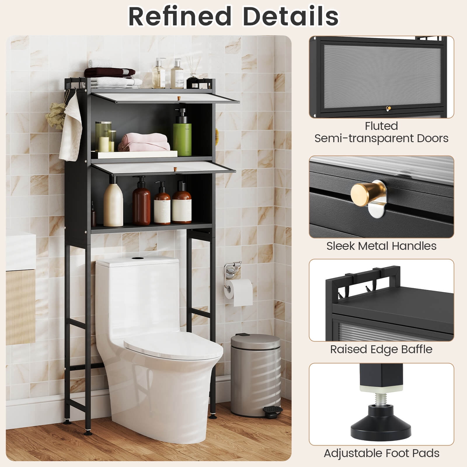 Costway 66” Bathroom Organizer with 2 Flip-up Cabinets, See-through Fluted Doors, 4 Hooks Black
