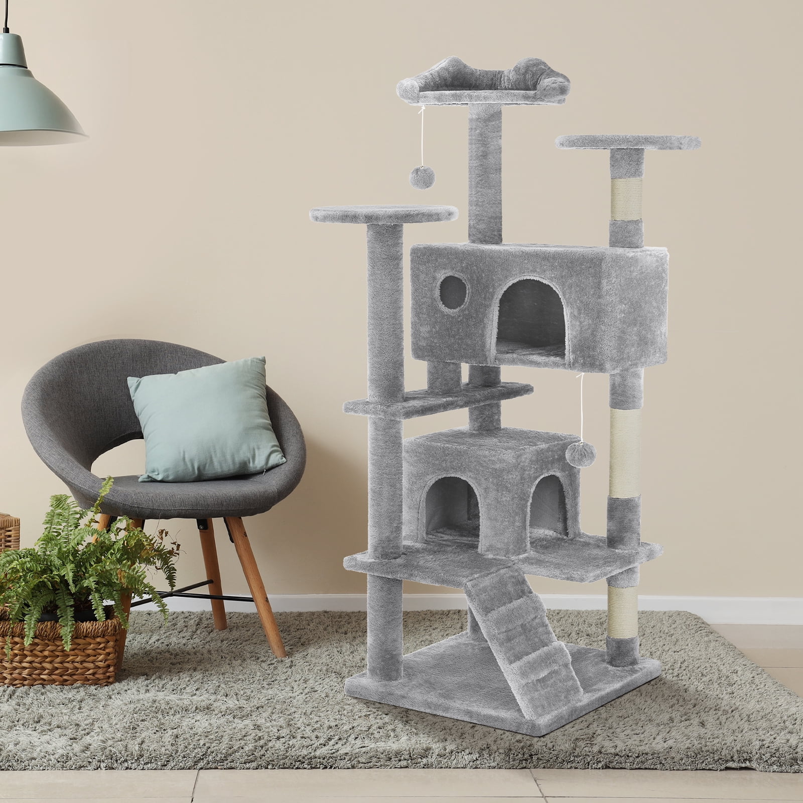 GIANNA 54-Inch Cat Tower with Large Condo, Climbing Ladder, and More Cat Stuff, Light Grey