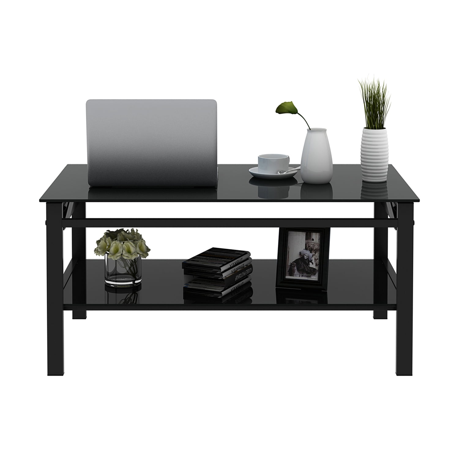 Glass Lift Top Coffee Table, Modern Simple 2-Layer Tempered Glass