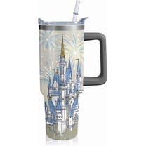 40oz Cartoon Blue Castle Theme Tumbler | with Handle and Lid and Straw | Firework Travel Coffee Mug -Birthday,Christmas Gift