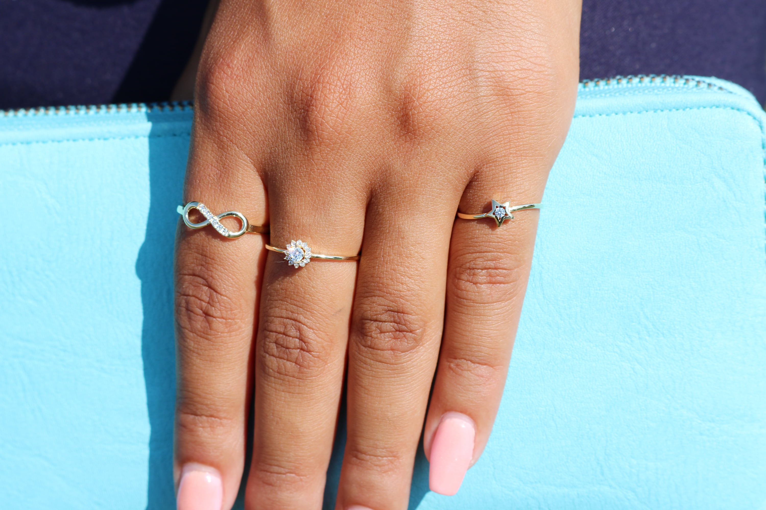Tilo Jewelry 10K Yellow Gold Dainty Halo Flower Ring with Cubic Zirconia CZ Stones | Size 8 | Women & Unisex