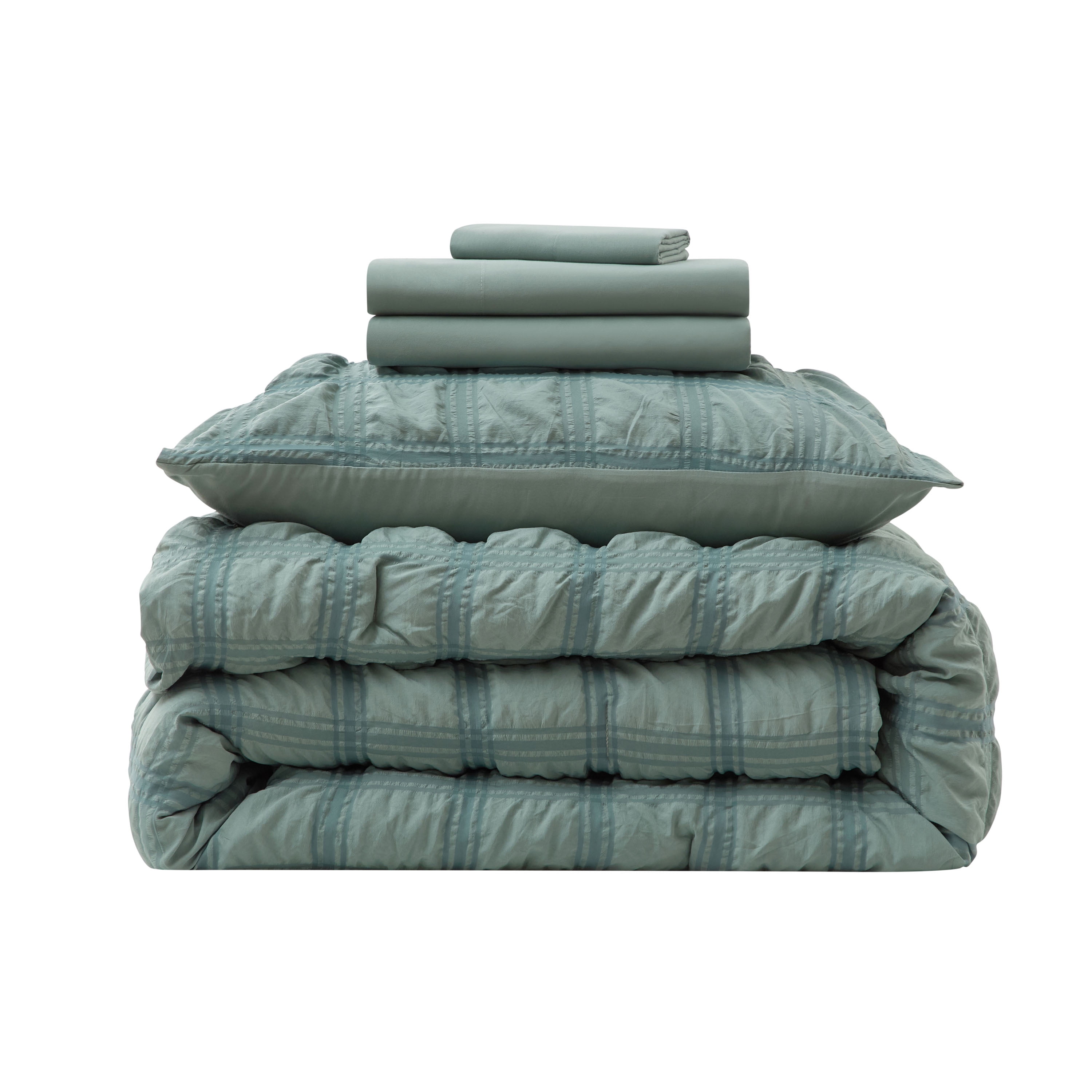 LammaLoe Twin Comforter Sets, 7 Piece Seersucker Bed in a Bag, Bedding Comforter Set with Sheets, Modern Bed Set, Sage Green