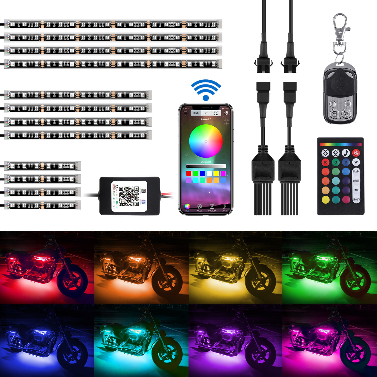 12pcs Motorcycle RGB LED Lamp Strip Kit RF Remote+Voice Control Underglow Lights 