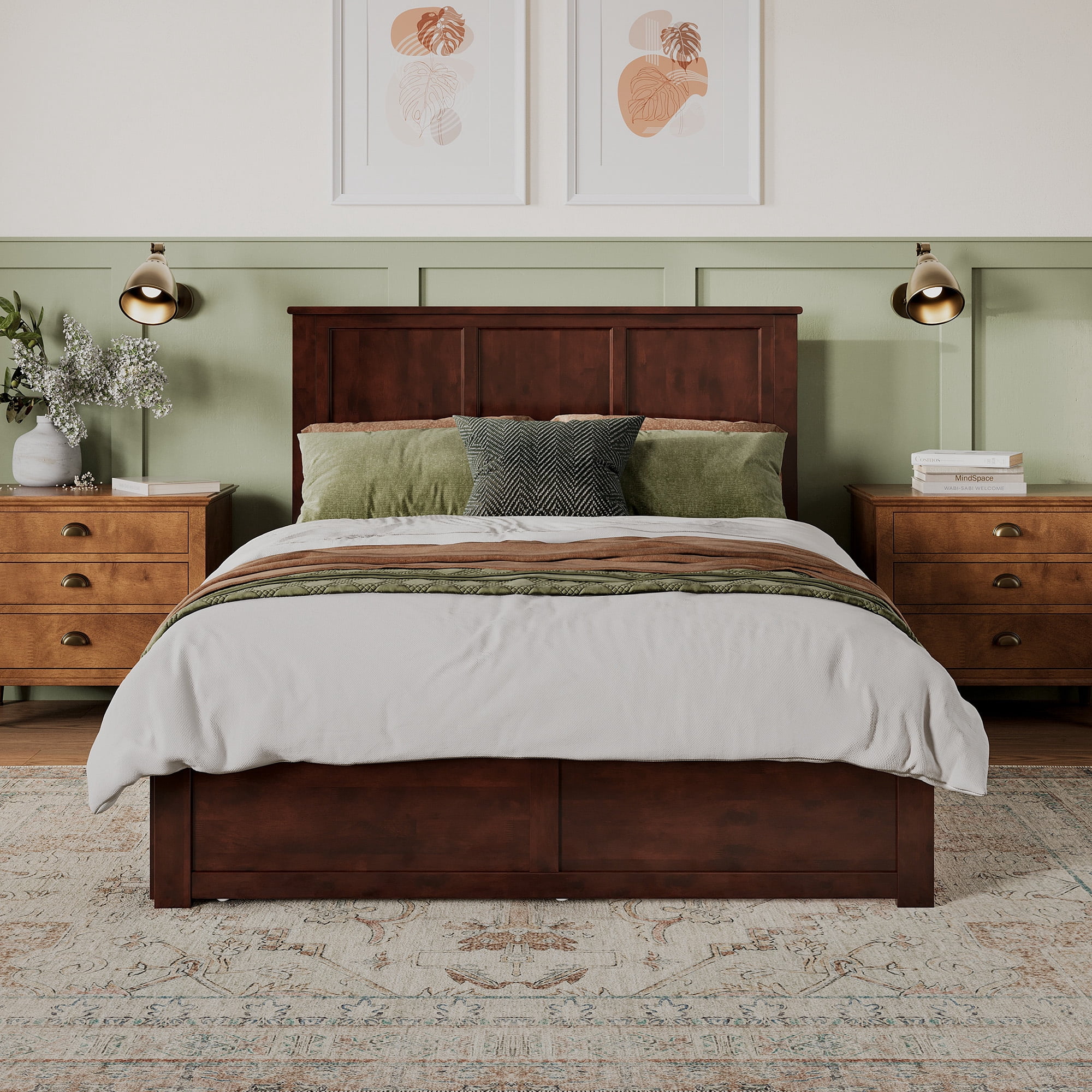 AFI Madison Queen Wood Platform Bed with Headboard Footboard & Twin XL Trundle, Walnut