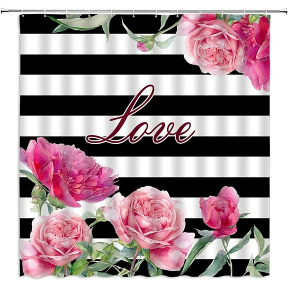 Pink Flower Shower Curtain Black and White Striped Watercolor Roses Floral Green Leaf Spring Love Valentine''s Day Creative Pattern Fabric Bathroom Decor Set with Hooks(36" WX70 H)