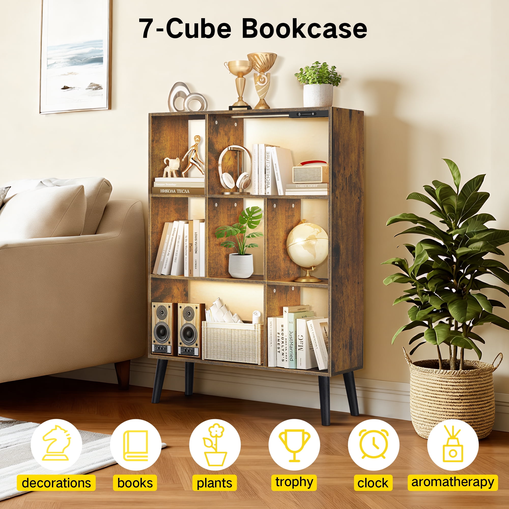 OUTONLIFE 7 Cube Storage Organizer,Open Bookshelf with Lights,Cube Storage Bookcase,Wood Bookcase for Living Room Office,Rustic Brown