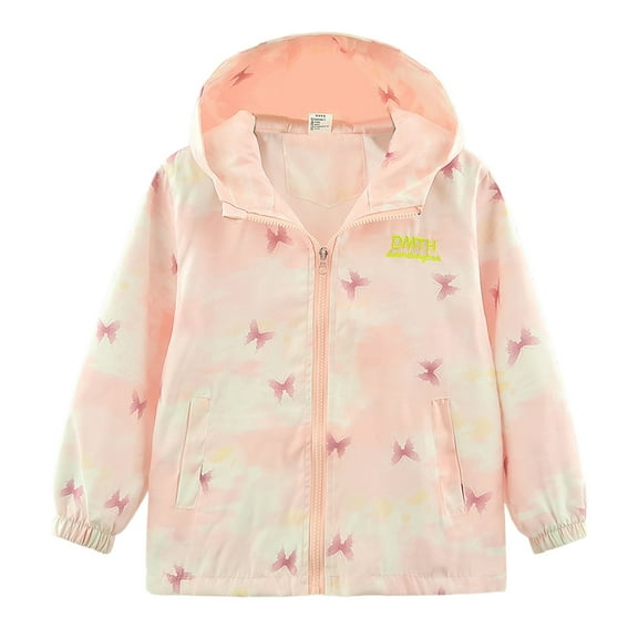 Kiijoy Toddler Girls Windbreaker Jacket Butterfly Print Zip Up Hooded Raincoat, Sizes 3-4