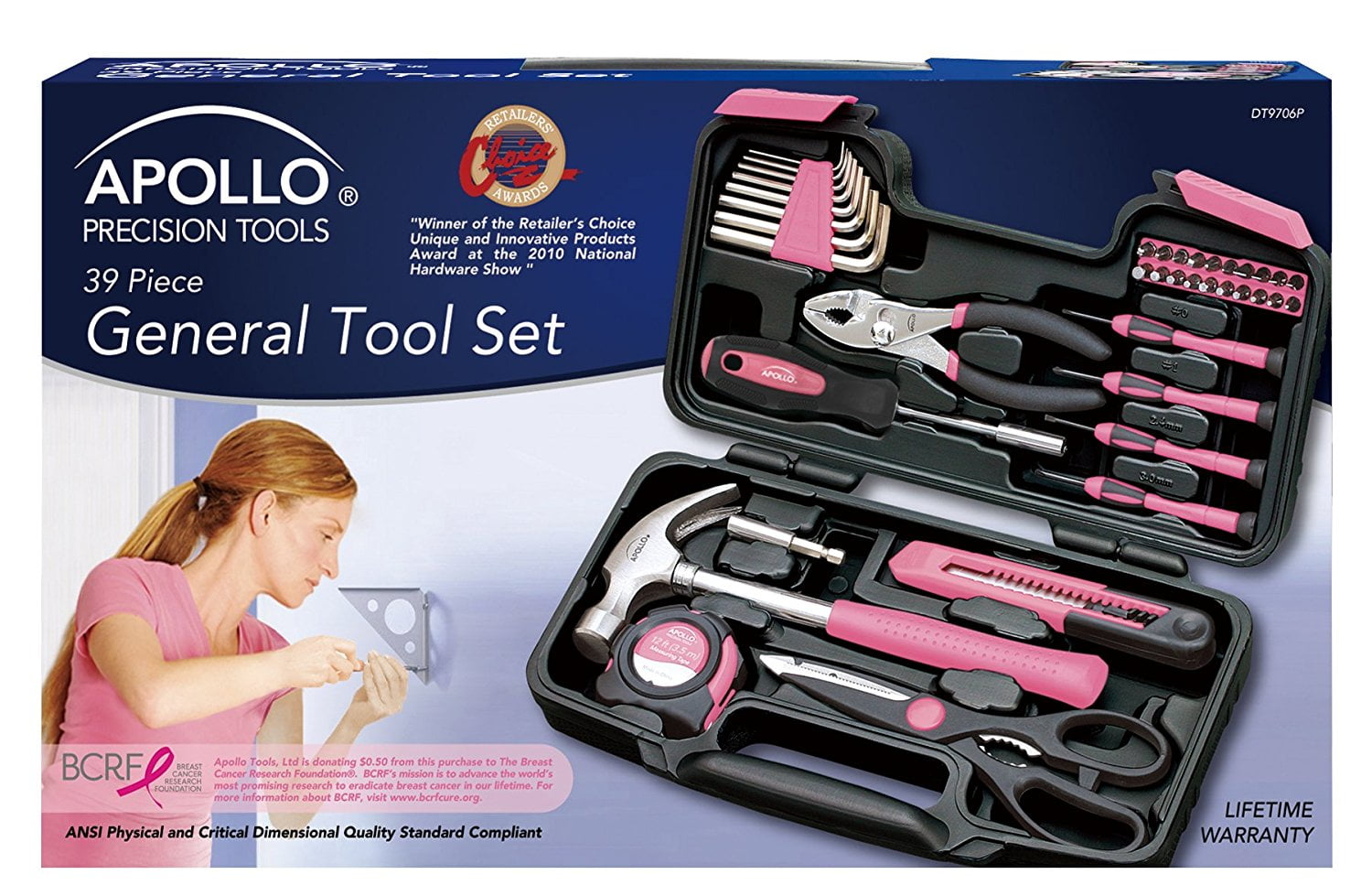Original 39 Piece General Repair Hand Tool Set Tool Box Storage Case Pink Ribbon