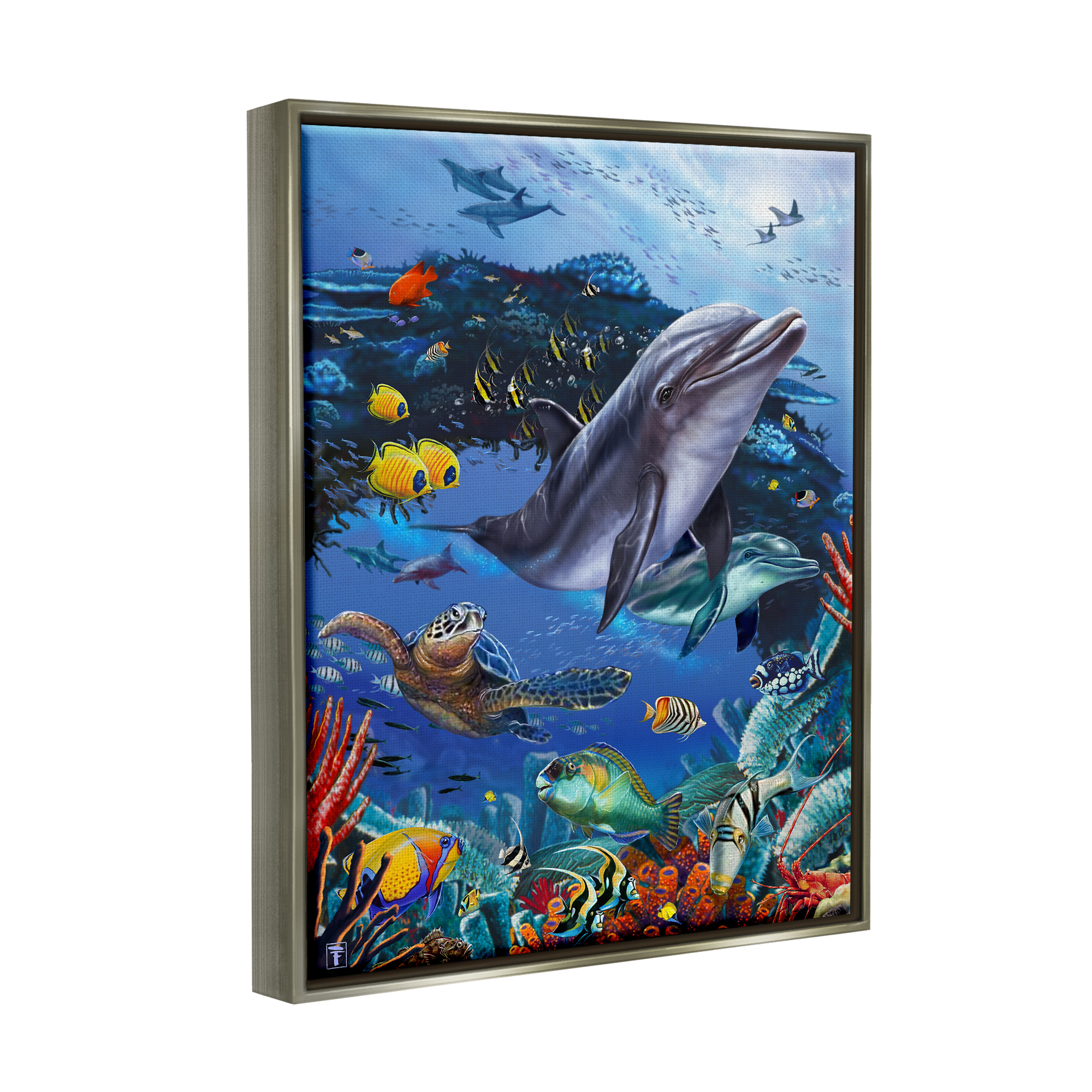 Stupell Industries Vivid Underwater Sea Life Coastal Painting Gray Floater Framed Art Print Wall Art