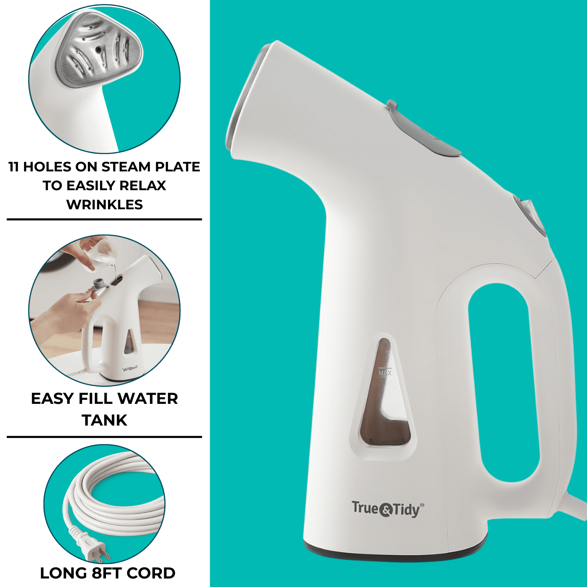 True & Tidy  Portable Vertical Fabric Steamer for Home and Travel, White