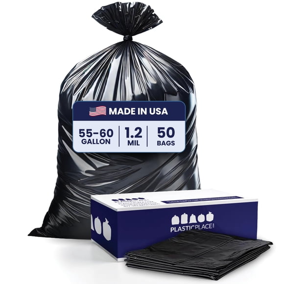 Plasticplace 55-60 Gallon Trash Bags, 1.2 Milâ?? Black Heavy Duty Garbage Can Linersâ?? 38â? x 58â? (50