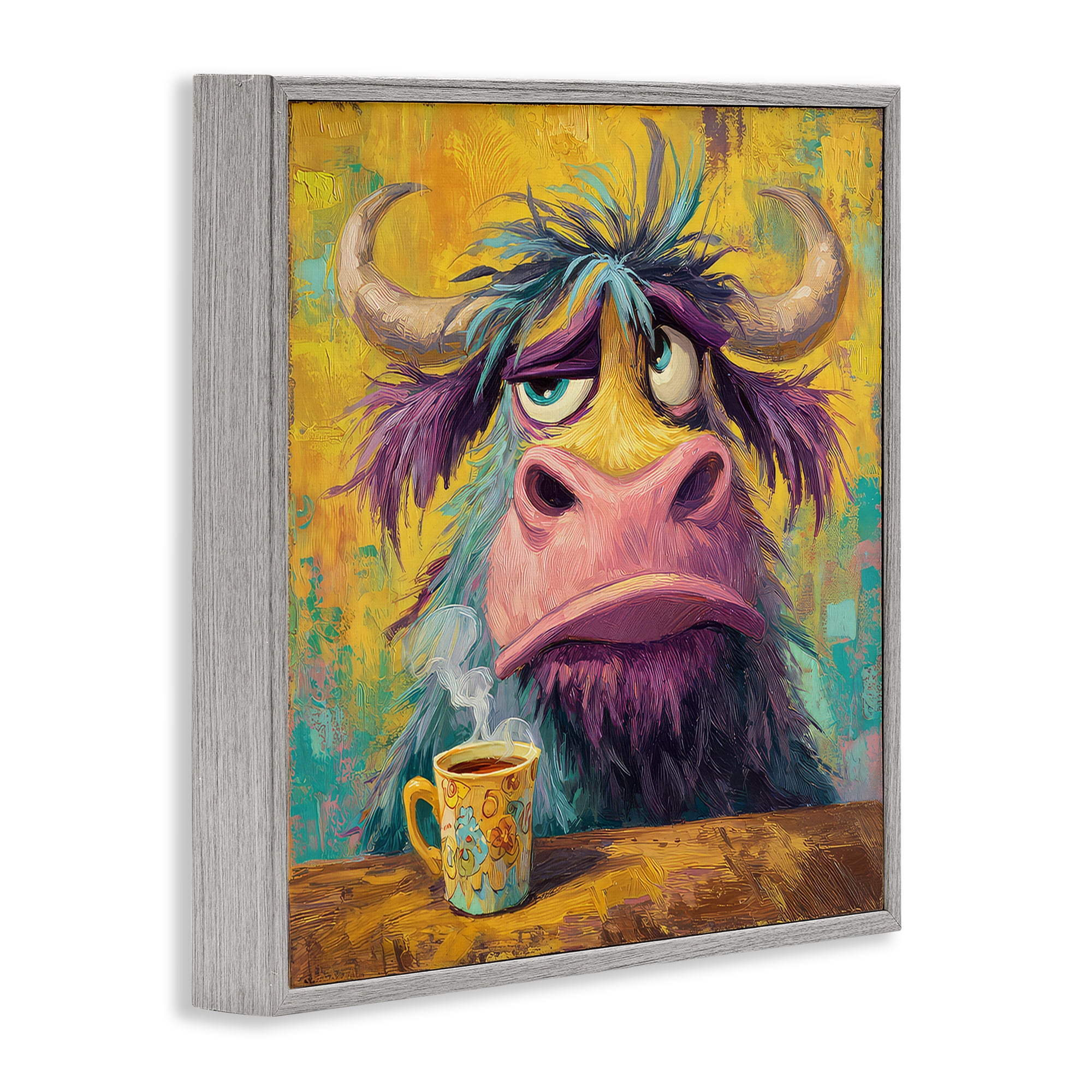 Stupell Industries Grumpy Cow & Mug Gray Framed Giclee Art, design by The Wands Want