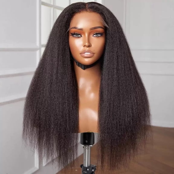LEMENTINE 13x4 Full Frontal Lace Glueless Kinky Straigt Yaki 200% High-Density Pre-Plucked Human Hair Wigs Long Hair from 18inch to 30inch with Natural Color
