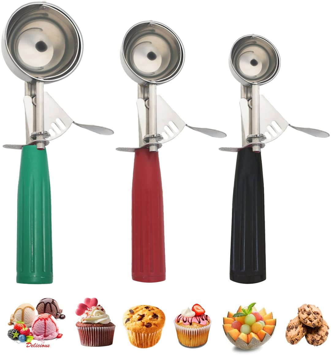 1.58 2.48 Inch 1.97 3 Pieces Ice Cream Scoop Set Cookie Cupcake Spoon with Trigger Stainless Steel Melon Baller Small Medium Large Cookie Scoop 