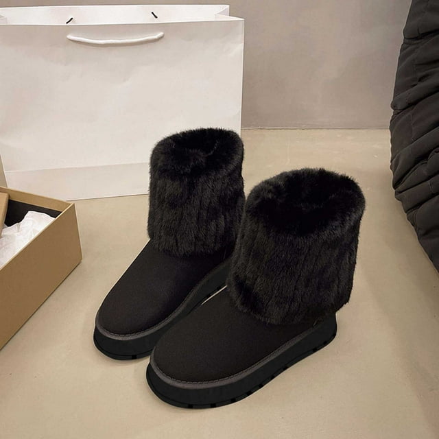 Styesk Bottes pour Femmes Bottes pour Femmes Couleur Unie Semelle Plate Chaudes et Pelucheuses Chaussures à Bout Rond Bottes d'Hiver Bottes de Travail pour Femmes