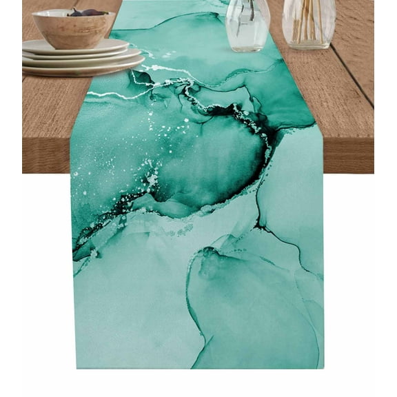 ERUNPONLY Turquoise Marble Table Runner - 36 Inch Long Nature Marble Stone Ripple Modern Art Cotton and Linen Blended Dress Scarves Farmhouse Table Runner for Kitchen Dining, Coffee Table, 13"x36"