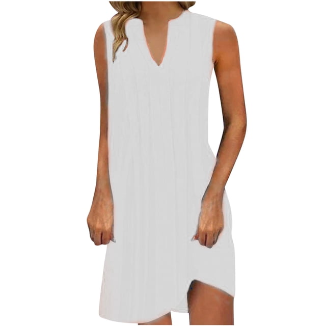 Robes pour Femmes 2024 Été Ample Décontracté Couleur Unie Col en V Sans Manches Robe d'Été Débardeur 50 % de Réduction!